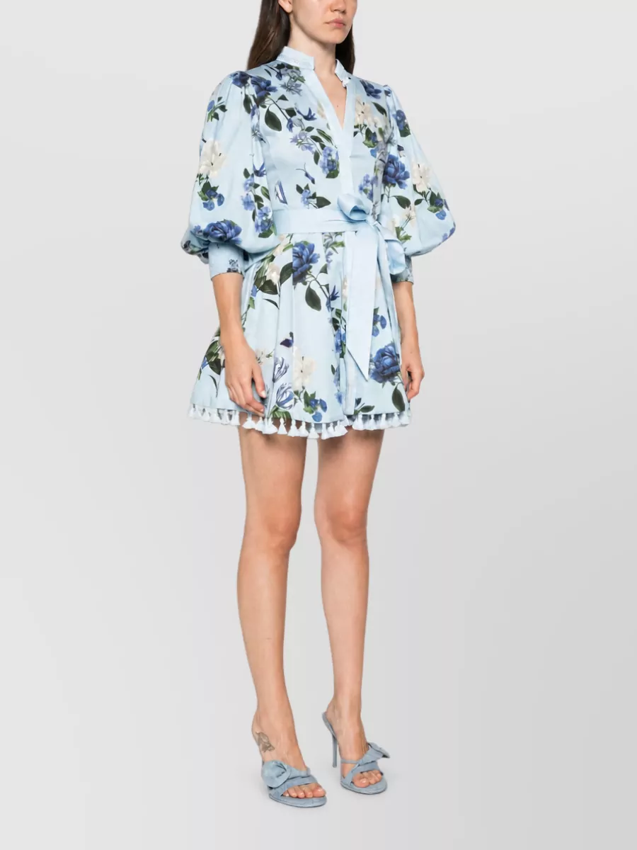 Alice + Olivia Floral-Print V-Neck Puff-Sleeve Tie-Waist Mini Shirtdress