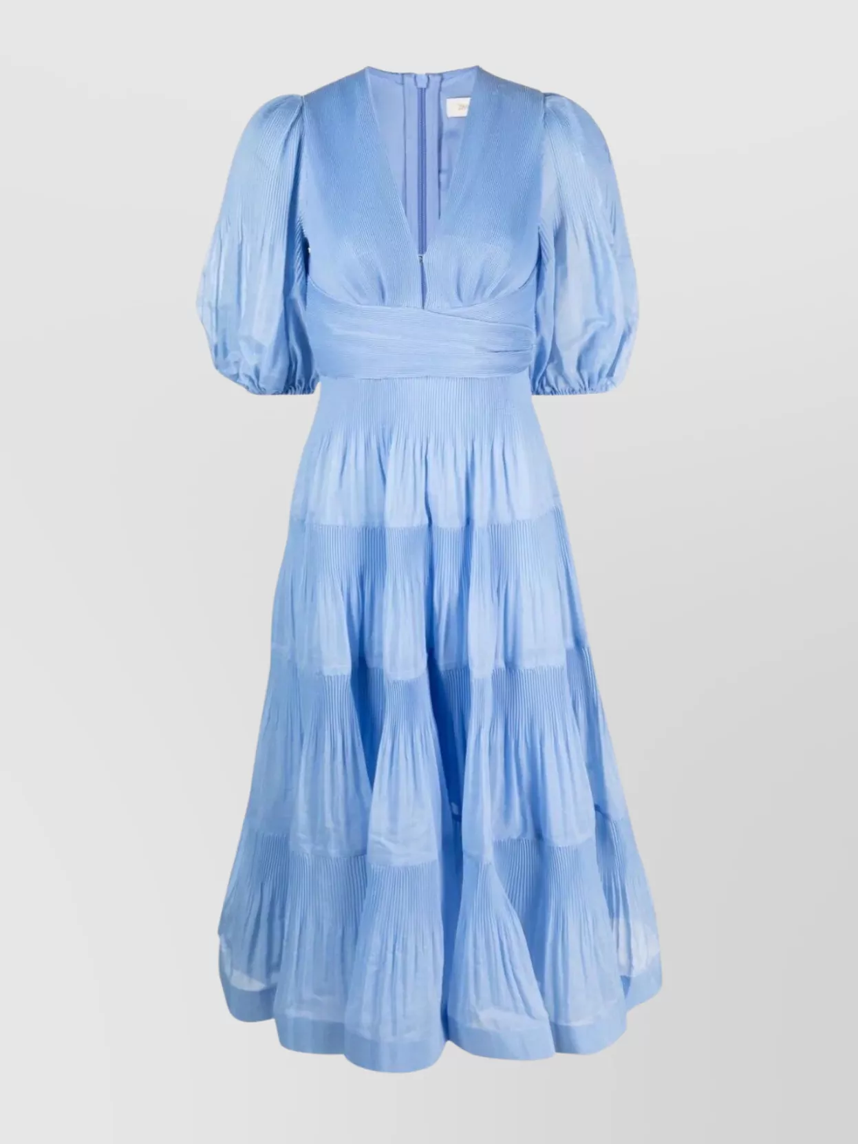 Shop Zimmermann Pleated V-neck Midi Dress With Tiered Skirt In Blue