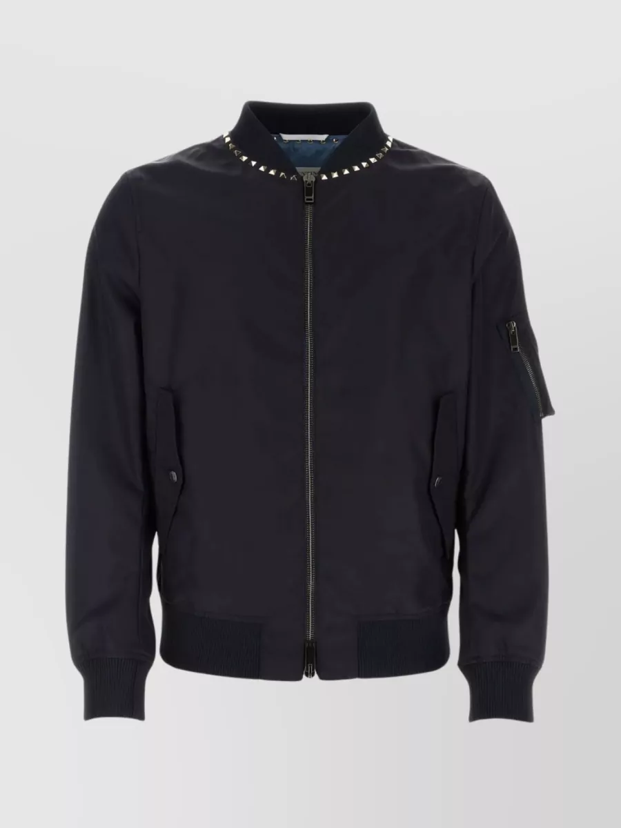Shop Valentino Studded Midnight Bomber With Flap Pockets In Blue