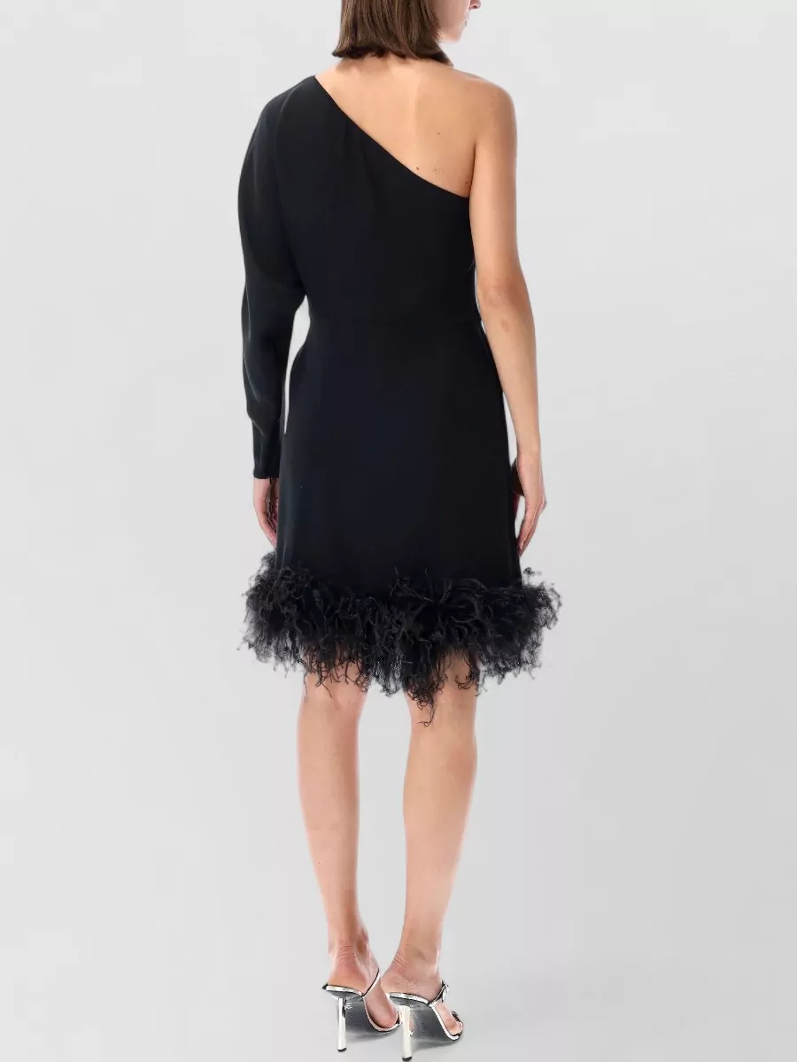 Valentino Garavani Silk One-Shoulder Draped Feather-Trim Mini Dress