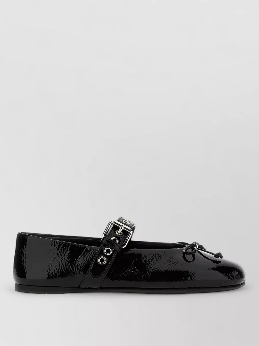Miu Miu Patent Leather Buckle And Bow Ballerina Shoes