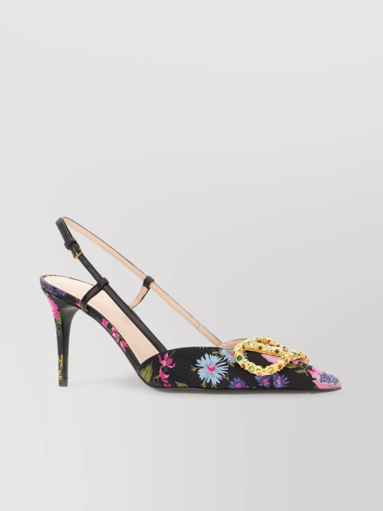 Valentino Floral Print Stiletto Heels With Gold Embellishment