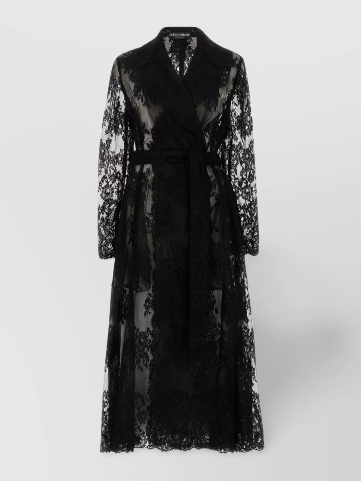 Shop Dolce & Gabbana Belted Lace Overcoat With Sheer Sleeves In Black