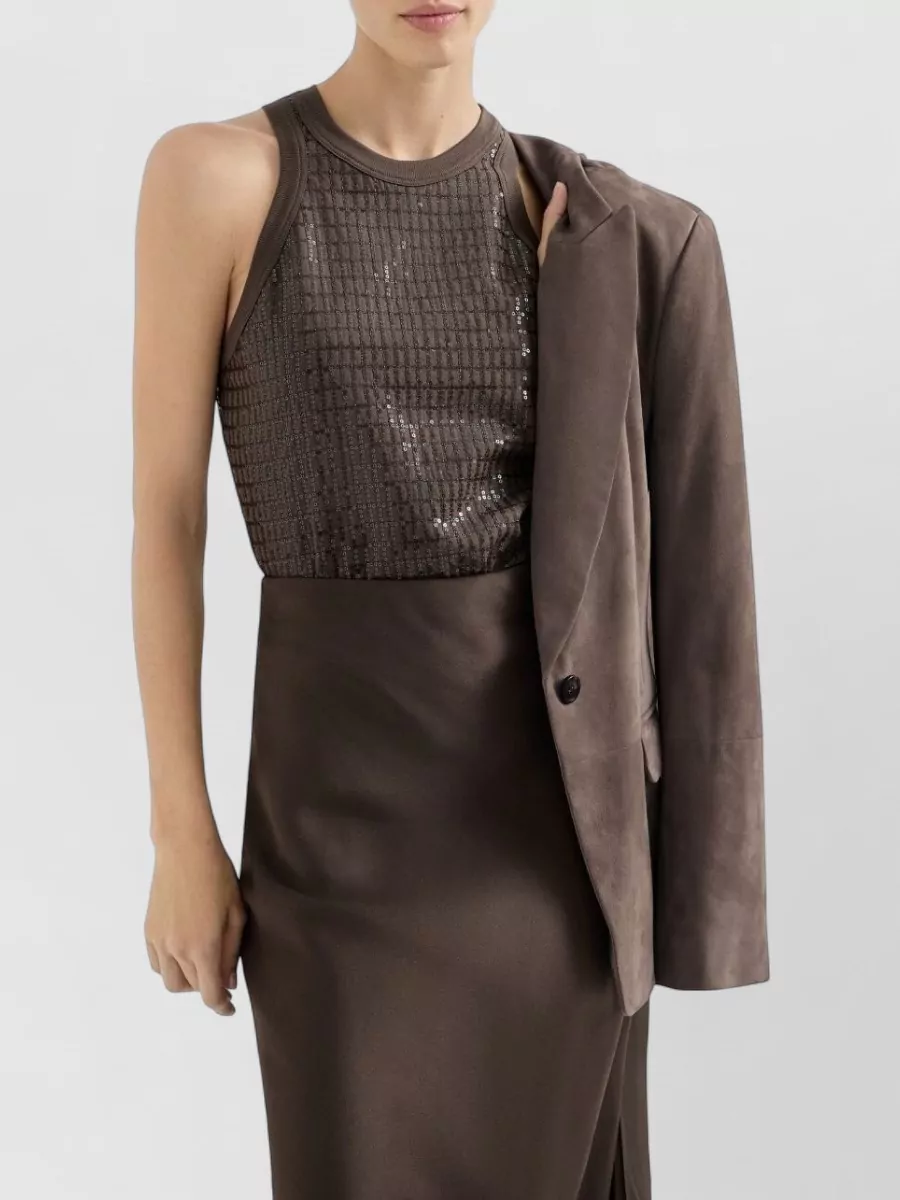 Brunello Cucinelli Checked Sequin Racerback Tank Top Embroidery