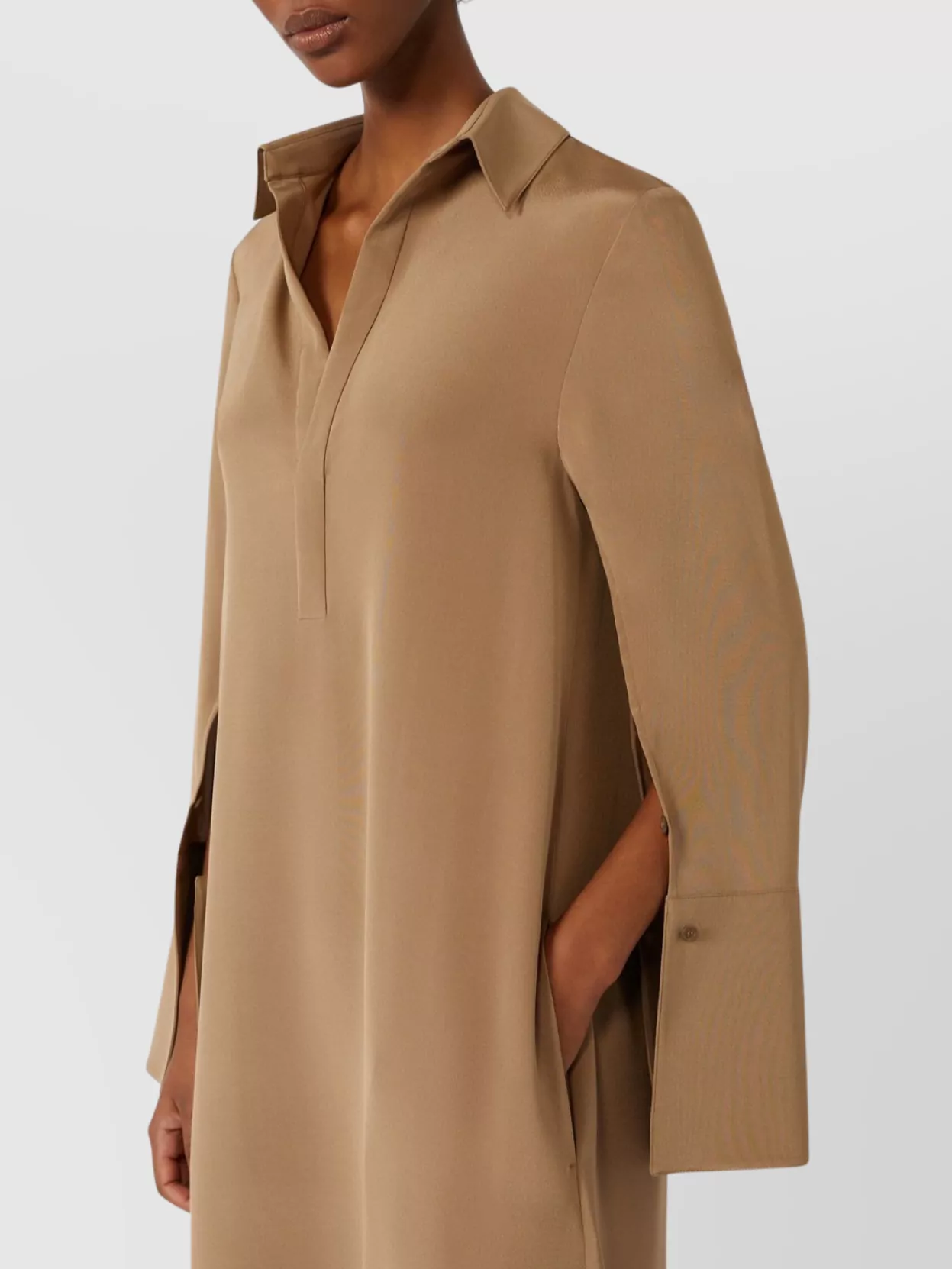 Max Mara Fitted Dress With Polo Collar And Side Slits In Nude