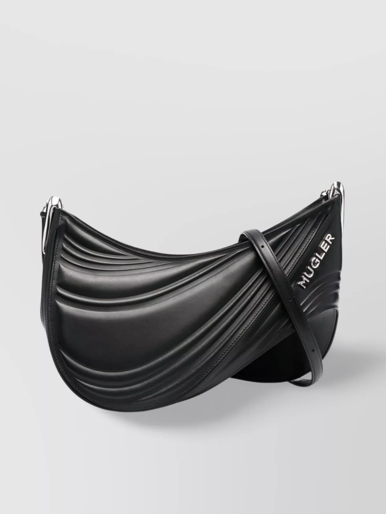 Shop Mugler Spiral Curve Curved Leather Shoulder Bag In Black