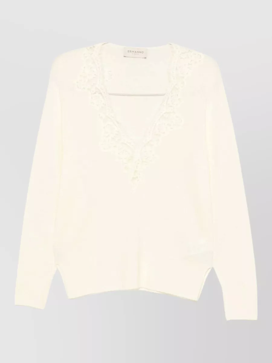 Ermanno Firenze floral lace trim v-neck wool jumper