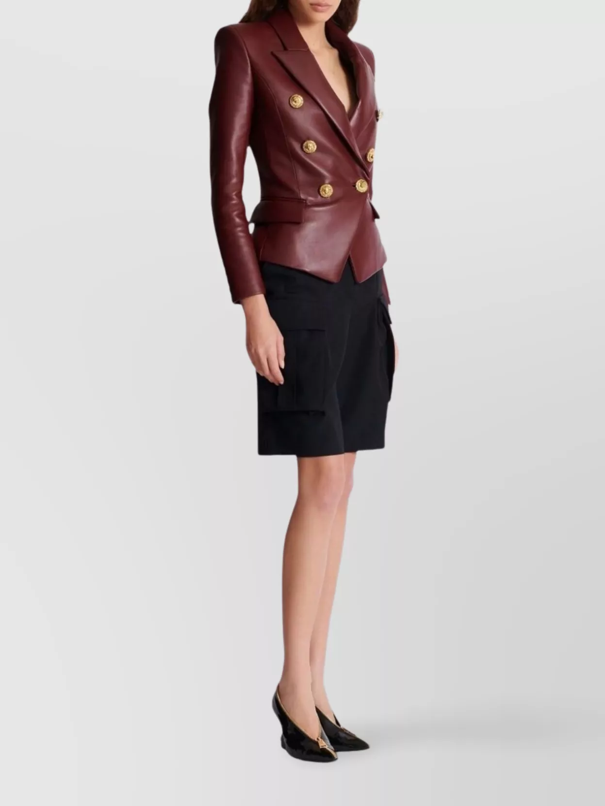 Balmain Double-breasted Lambskin Leather Blazer In Burgundy
