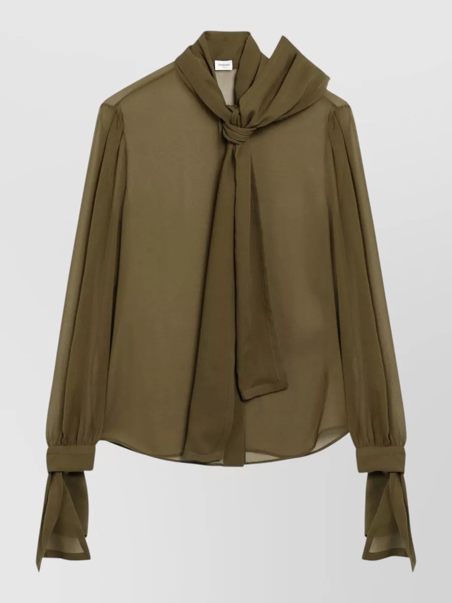 Saint Laurent Sheer Tie Neck Blouse Long Sleeves In Green