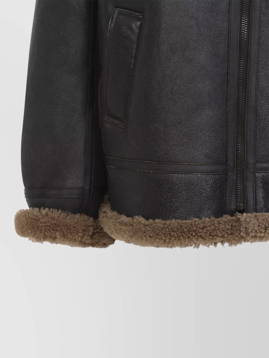 Saint Laurent Shearling Collar Leather Biker Jacket