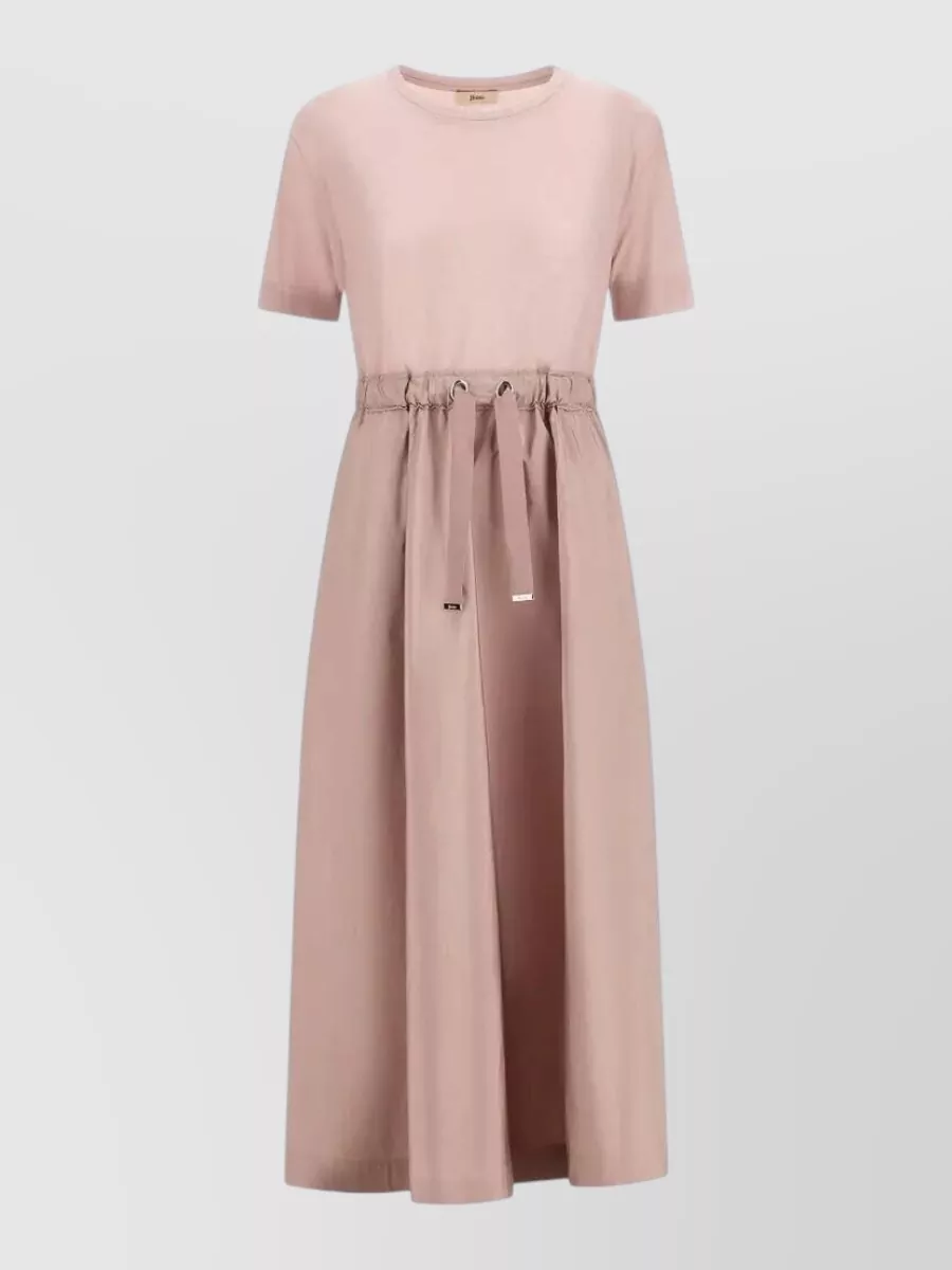 Herno Midi Dress Short Sleeves Round Neckline Drawstring In Pink