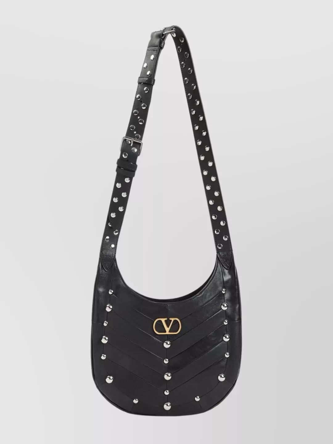 Valentino Garavani Hoboho Hobo Bag In Chevron-patterned Nappa Leather With Studs In Black