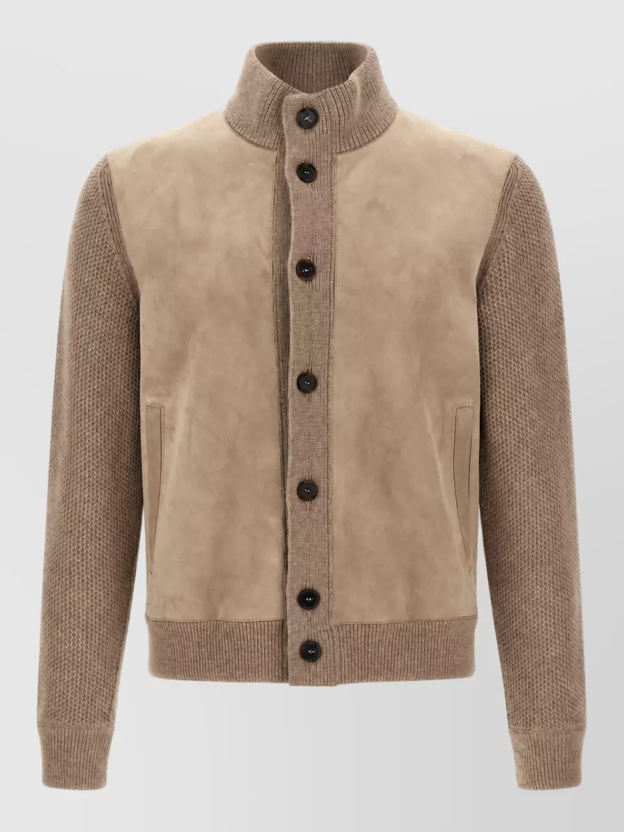 Zegna cashmere suede panel ribbed high neck buttoned cardigan jacket