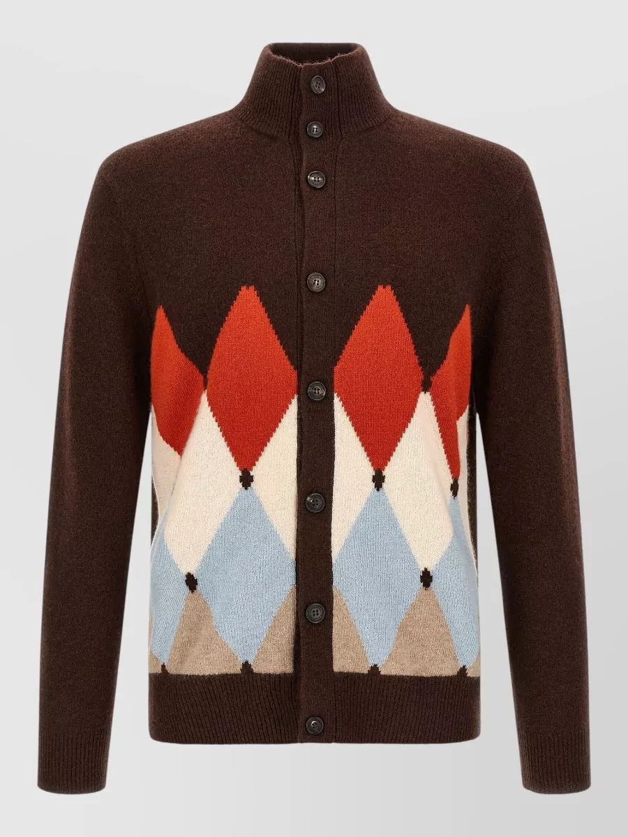 Ballantyne cashmere ribbed high-neck diamond-intarsia cardigan