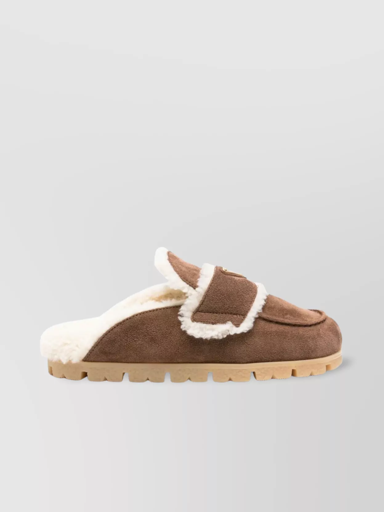 Prada Round Toe Suede Mules With Shearling Lining