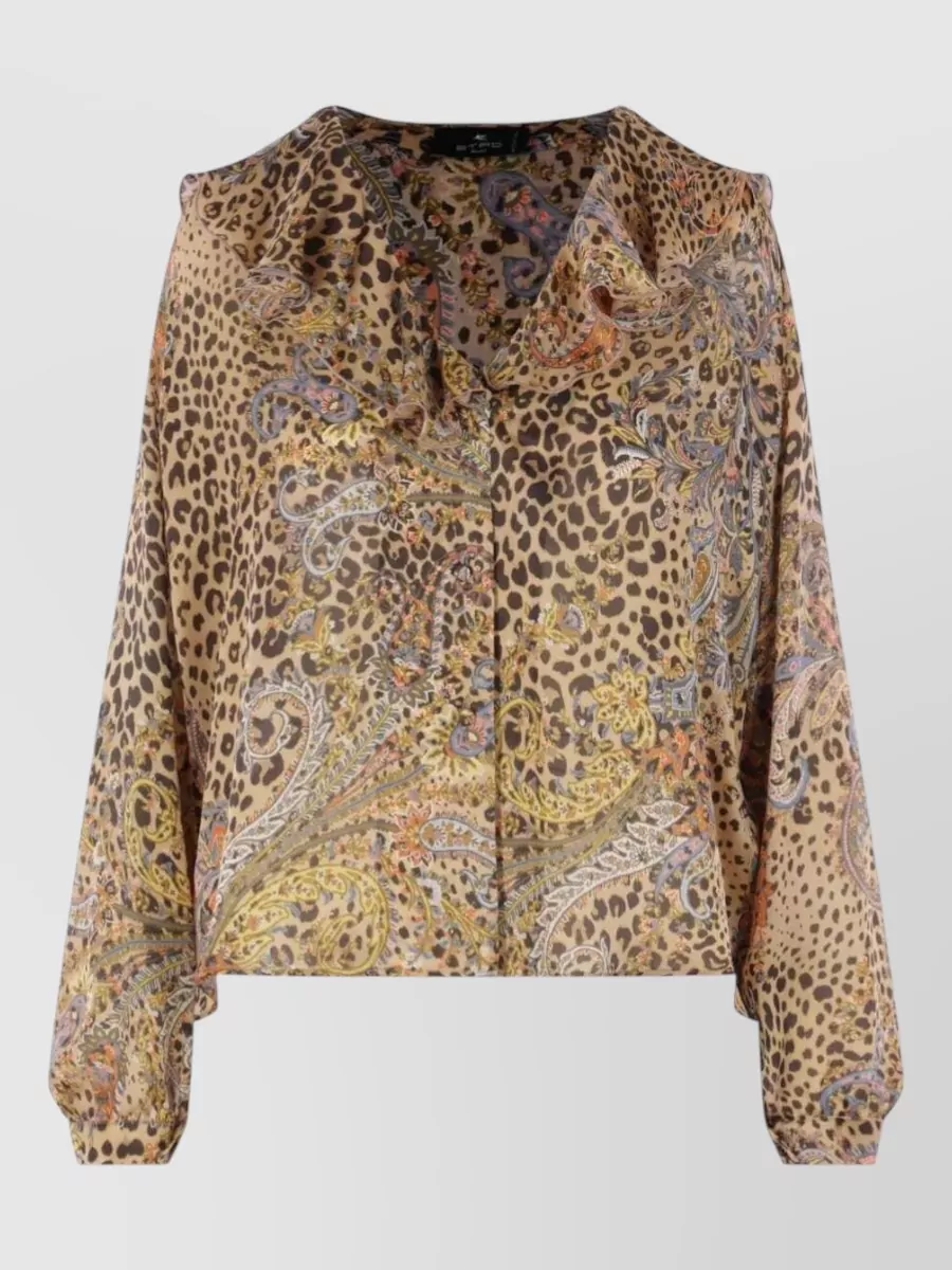 Etro Printed silk ruffled long-sleeve blouse — The ink-navy paisley shirt mirrors the trouser’s burnt orange and emerald tones while its regular fit and tailored collar temper the double-print drama into a cohesive, refined bohemian set.