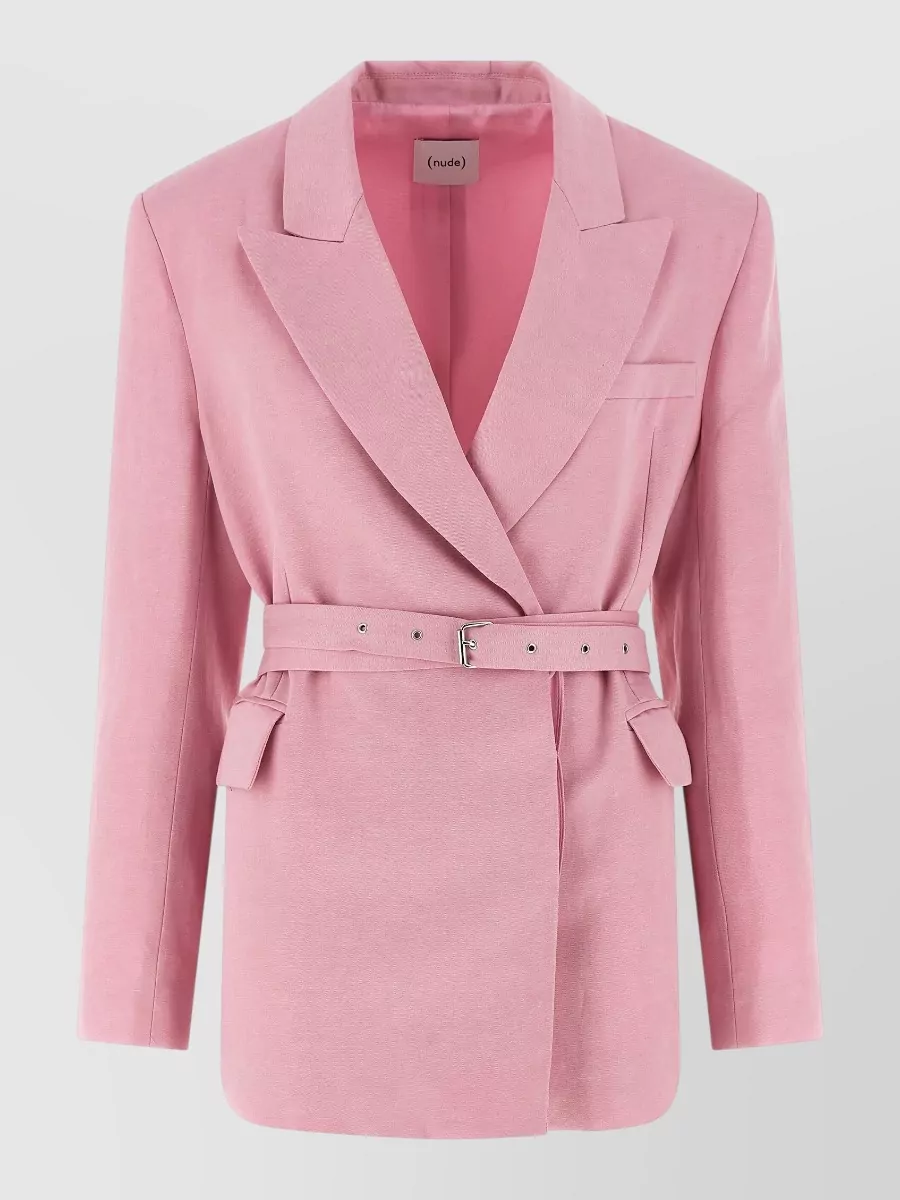 Nude linen blend double-breasted belted blazer