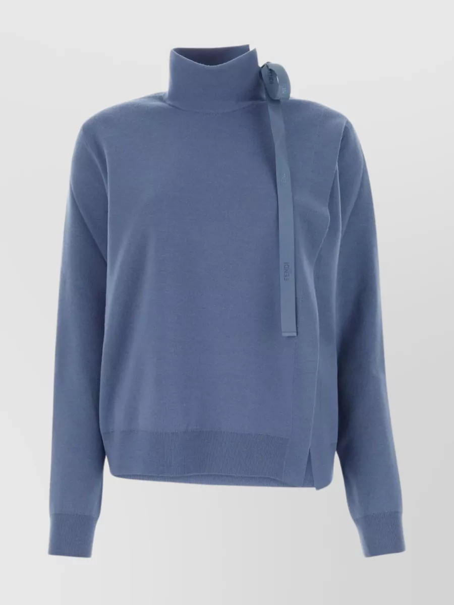 Shop Fendi Modern Wool Blend Sweater With Unique Neckline In Blue