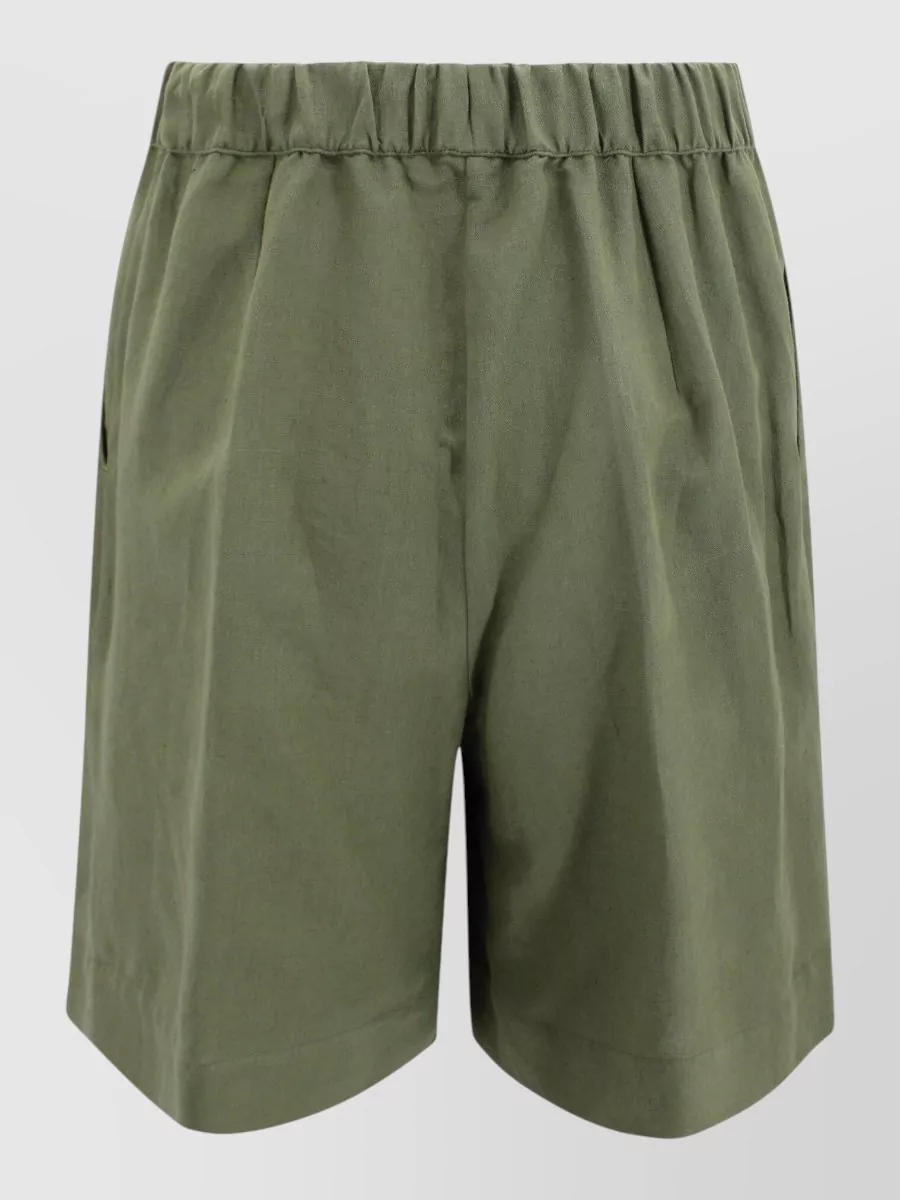 Whyci Linen Bermuda Shorts Elastic Waist Pleats In Green