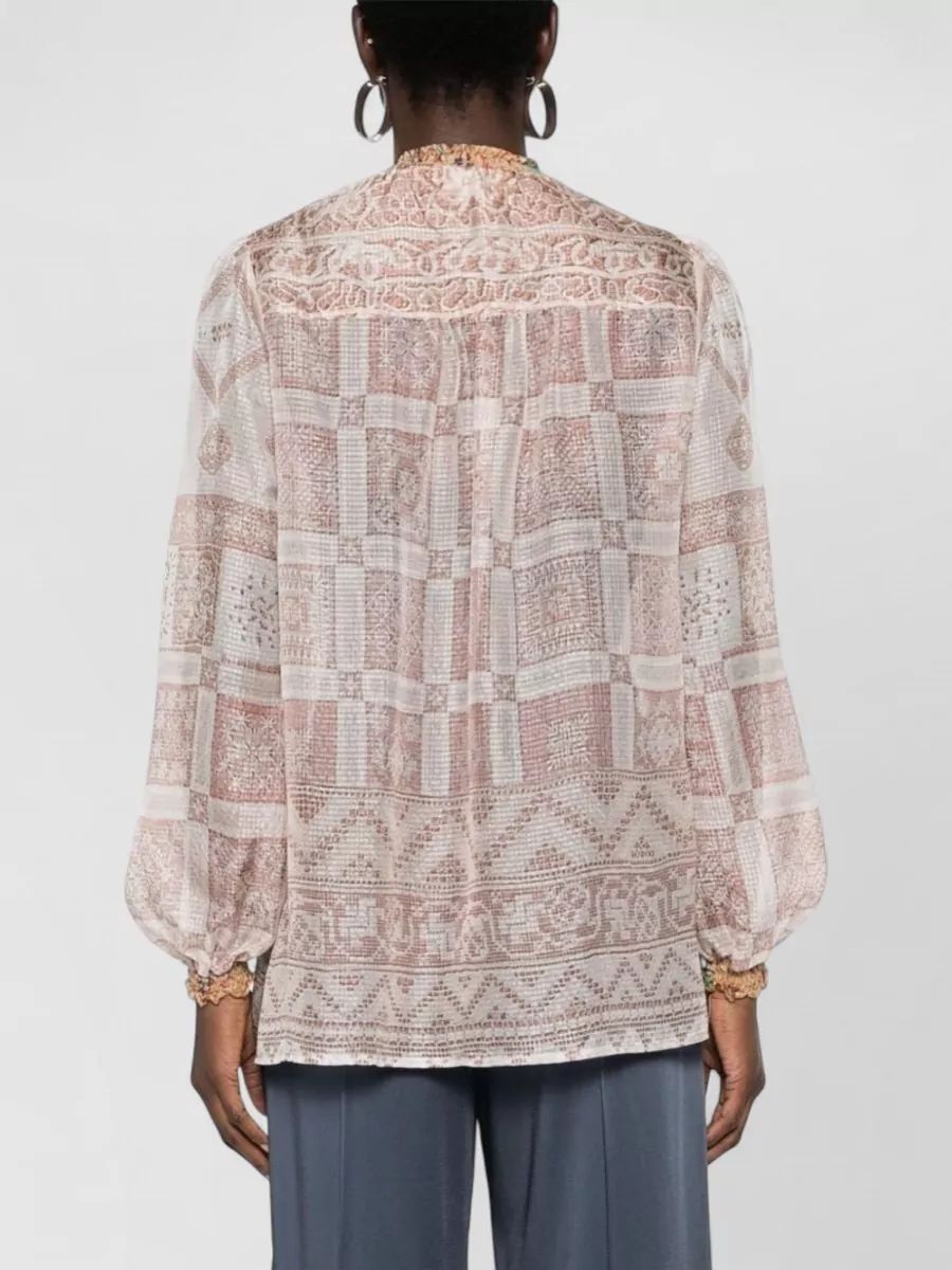 Pierre Louise Mascia Silk Semi-Sheer Printed Ruched Pussy-Bow Long-Sleeve Asymmetric Blouse