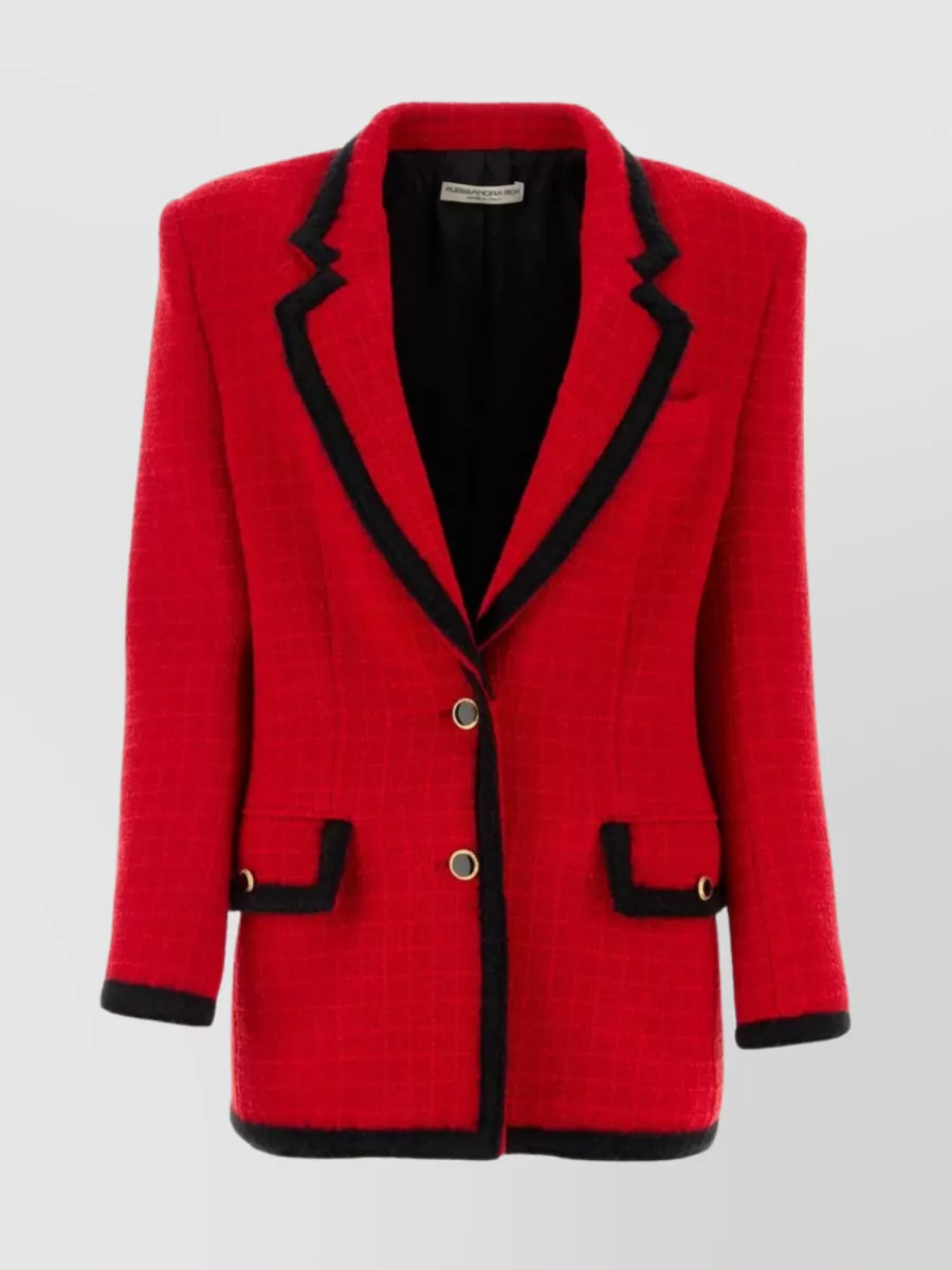 Shop Alessandra Rich Tweed Jacket With Contrasting Lapel And Front Pockets In Burgundy