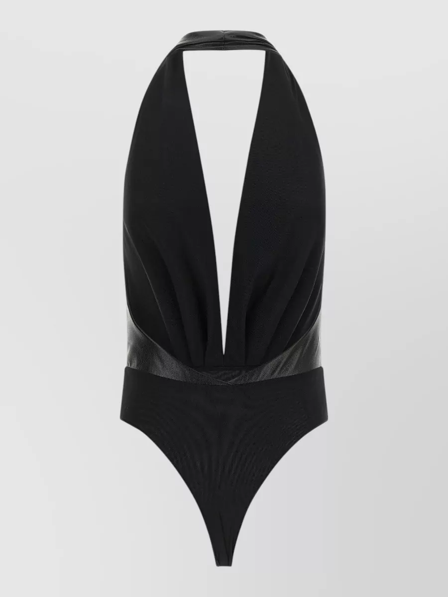 The Andamane Leather-Effect Pleated V-Neck Bodysuit