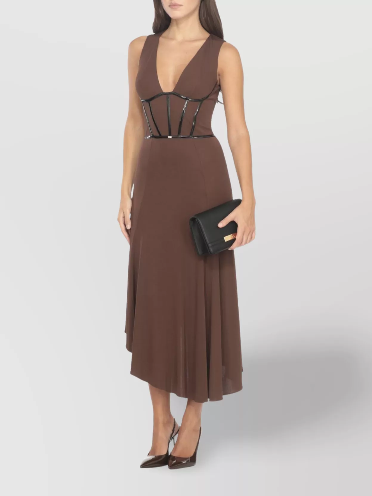 Elisabetta Franchi Midi Dress With Asymmetrical Hem And Corset In Brown
