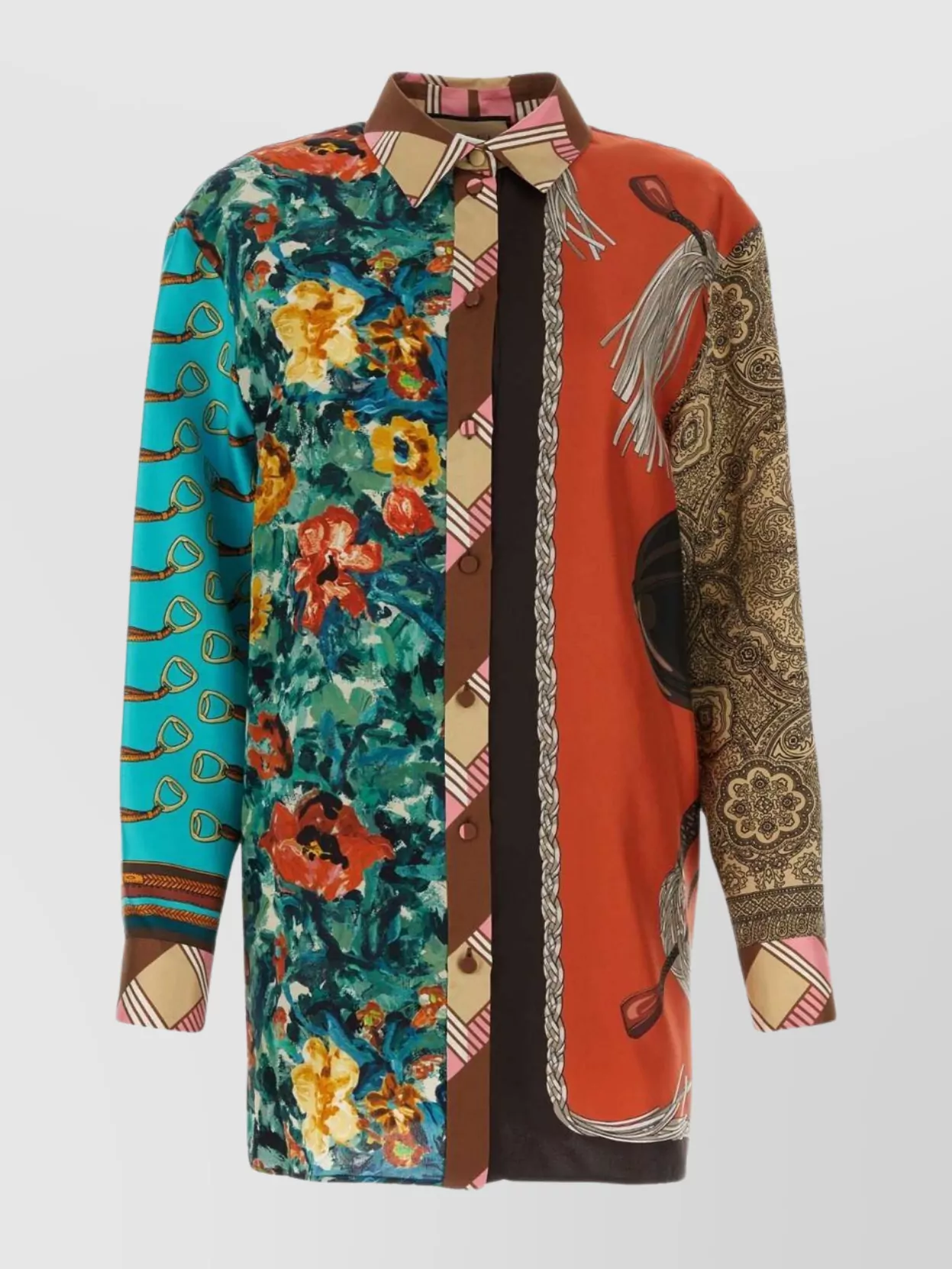 Shop Gucci Silk Shirt With Floral Print And Striped Trim