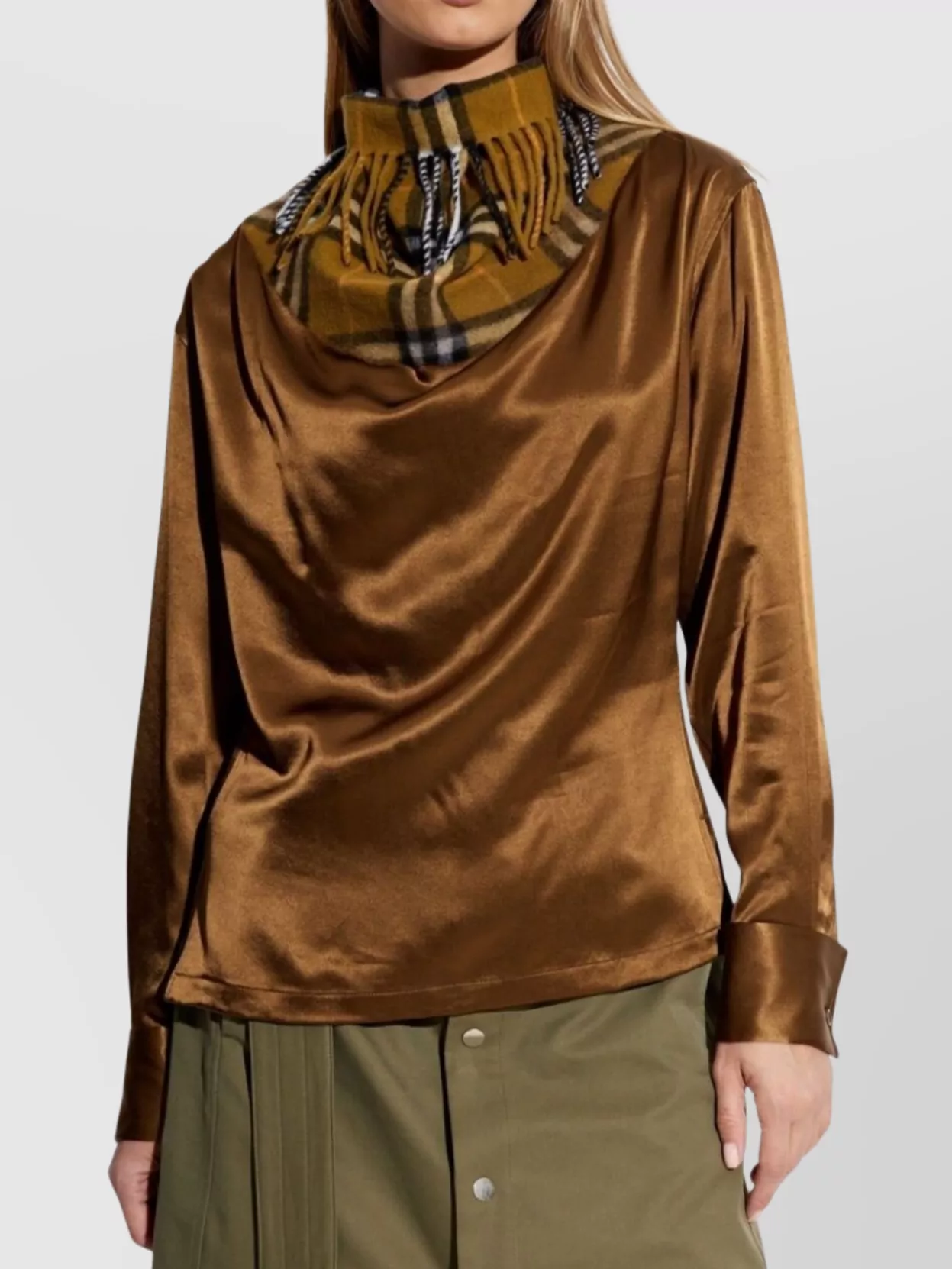 Burberry Plaid Fringe Cowl Neck Satin Top