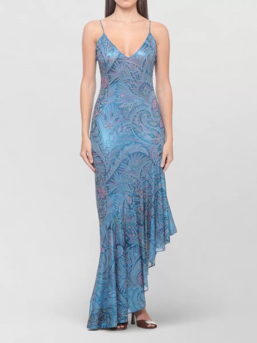 Etro Paisley-Print V-Neck Sleeveless Asymmetric Ruffled Midi Dress