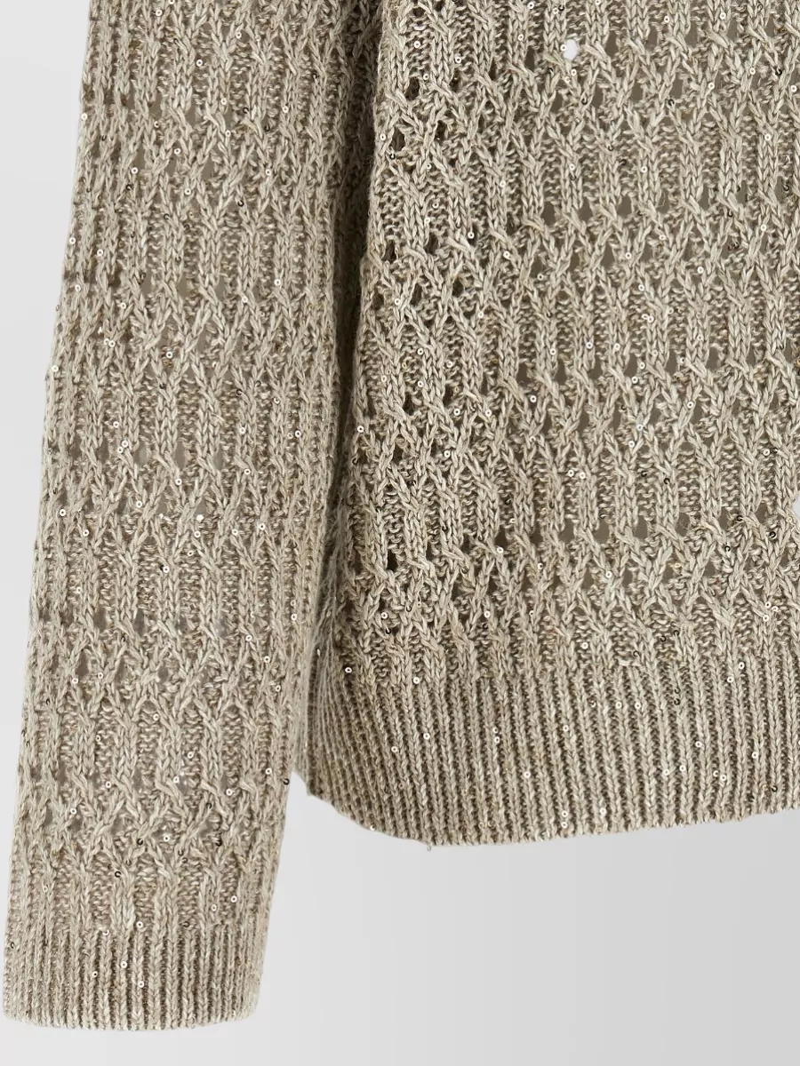 Brunello Cucinelli Openwork Linen-Blend Crew-Neck Long-Sleeve Sweater