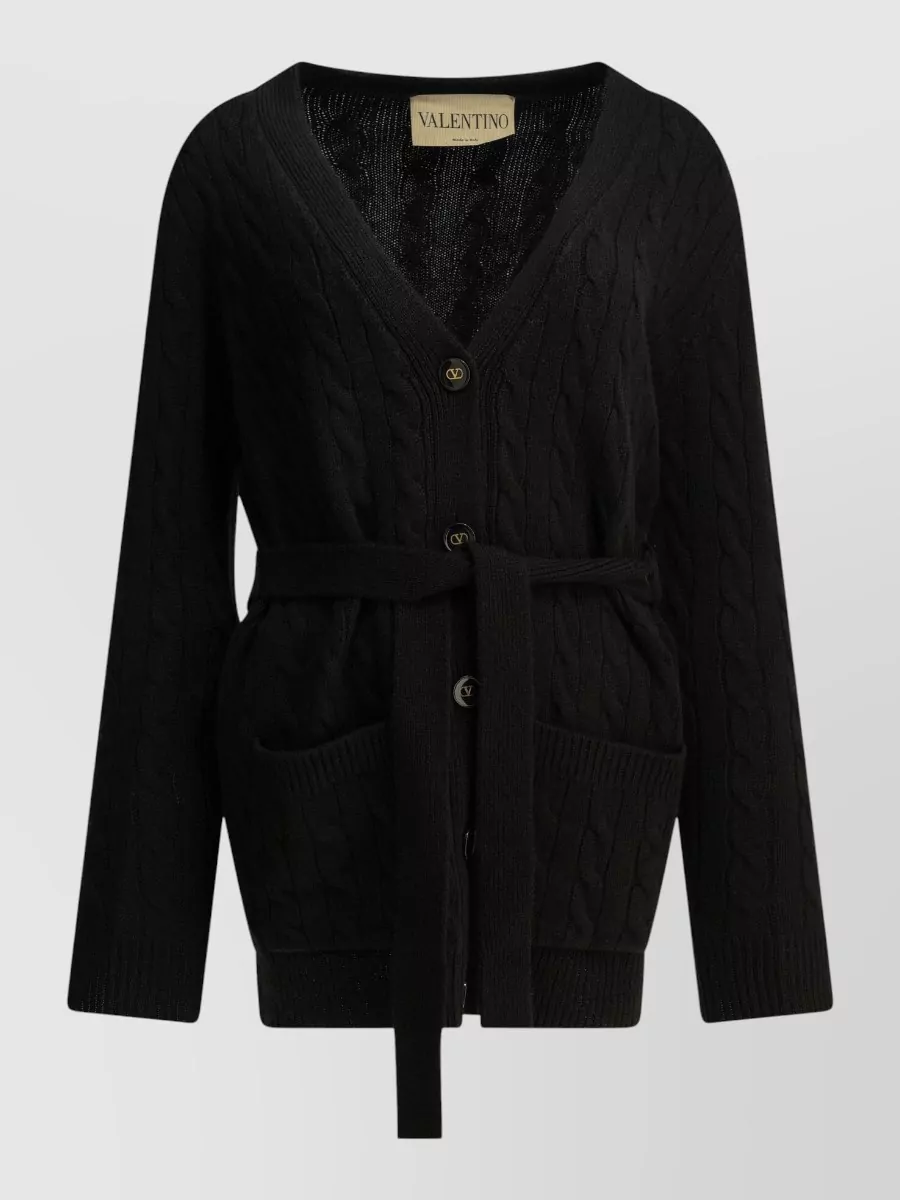 Valentino cashmere cable-knit belted v-neck cardigan