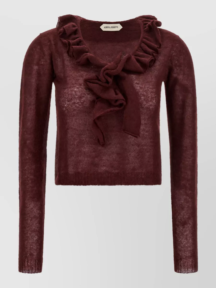 Alberta Ferretti Ruffled Cropped V-Neck Mohair-Blend Sweater