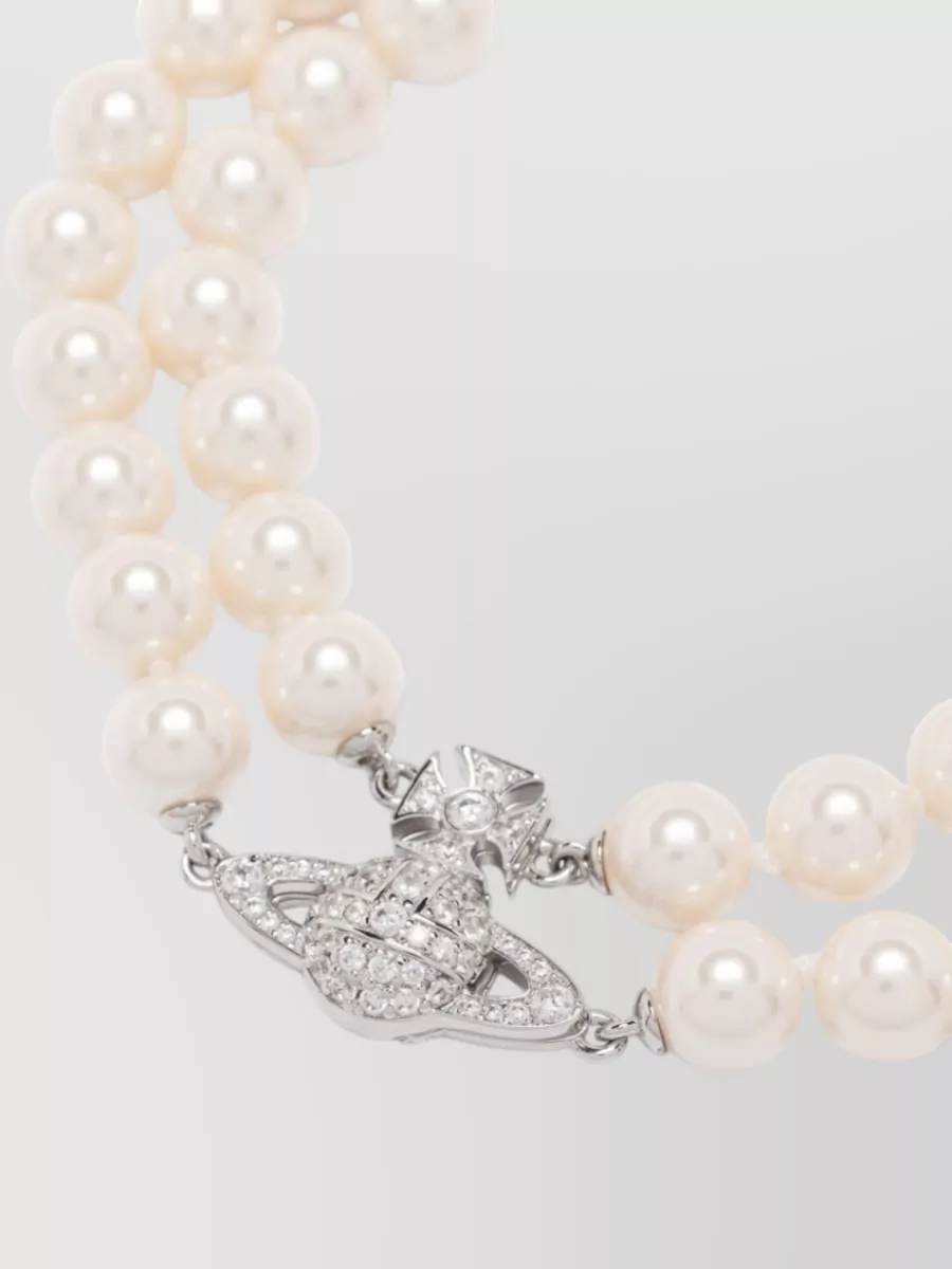 Vivienne Westwood Double Strand Necklace Pearl Beads Silver Tone