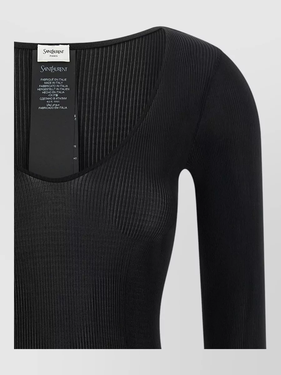 Saint Laurent Silk Ribbed V-Neck Long-Sleeve Top
