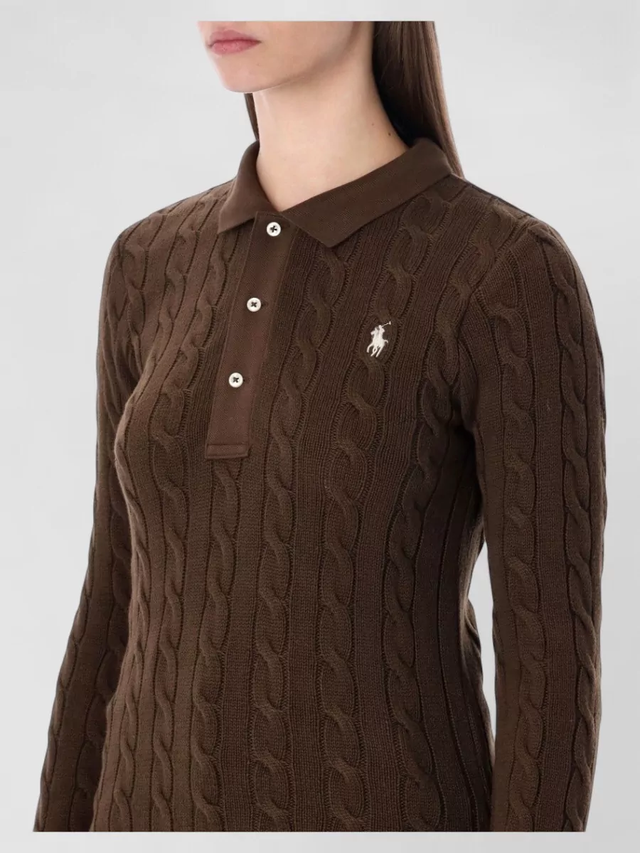 Polo Ralph Lauren Long Sleeve Cable Knit Polo Sweater In Brown
