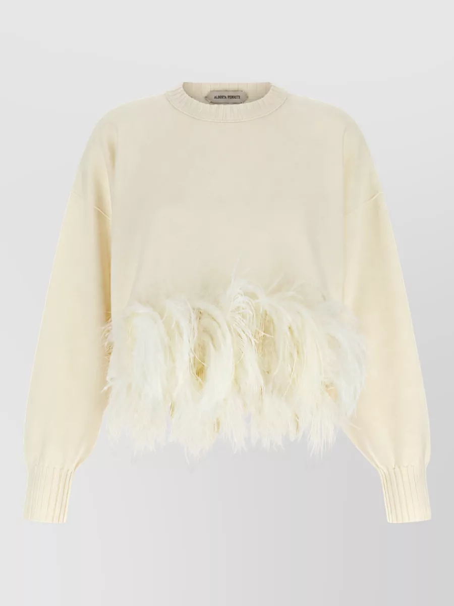 Alberta Ferretti Feather-trimmed ribbed cropped sweater