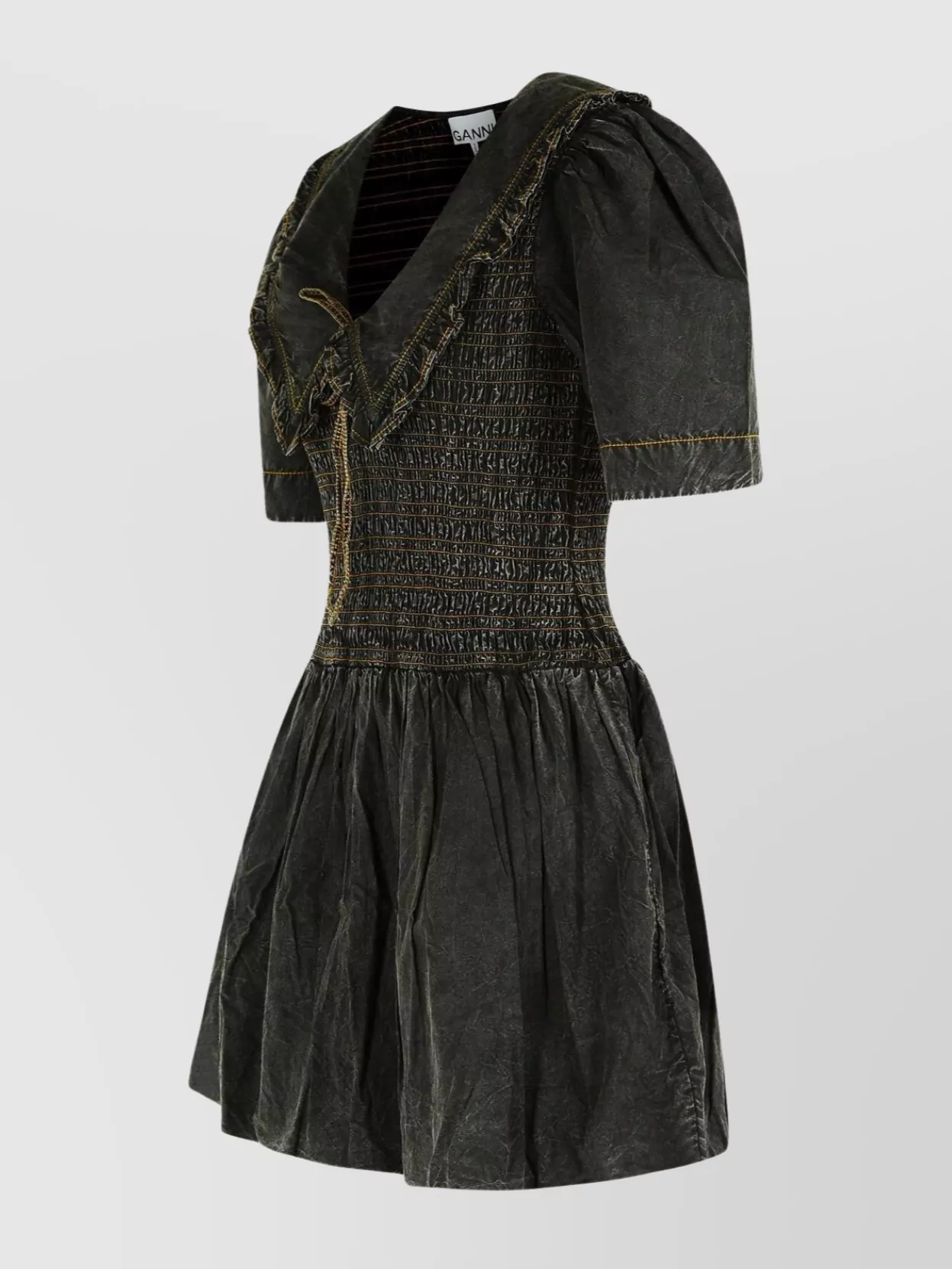 Ganni Cotton Dress With Puff Sleeves And Ruffled Collar