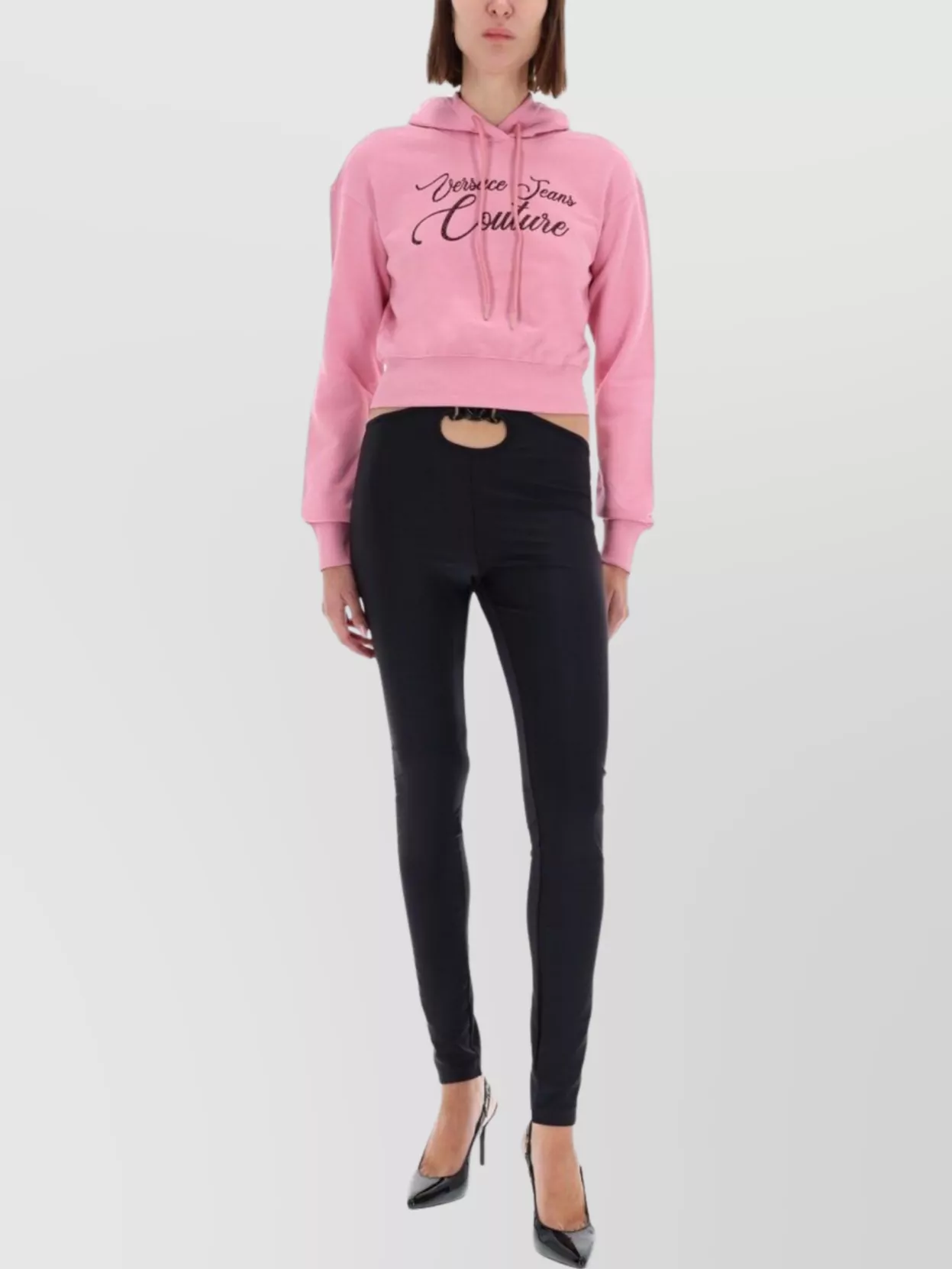 Versace Jeans Couture Hooded Cropped Knitwear Ribbed Cuffs In Pink