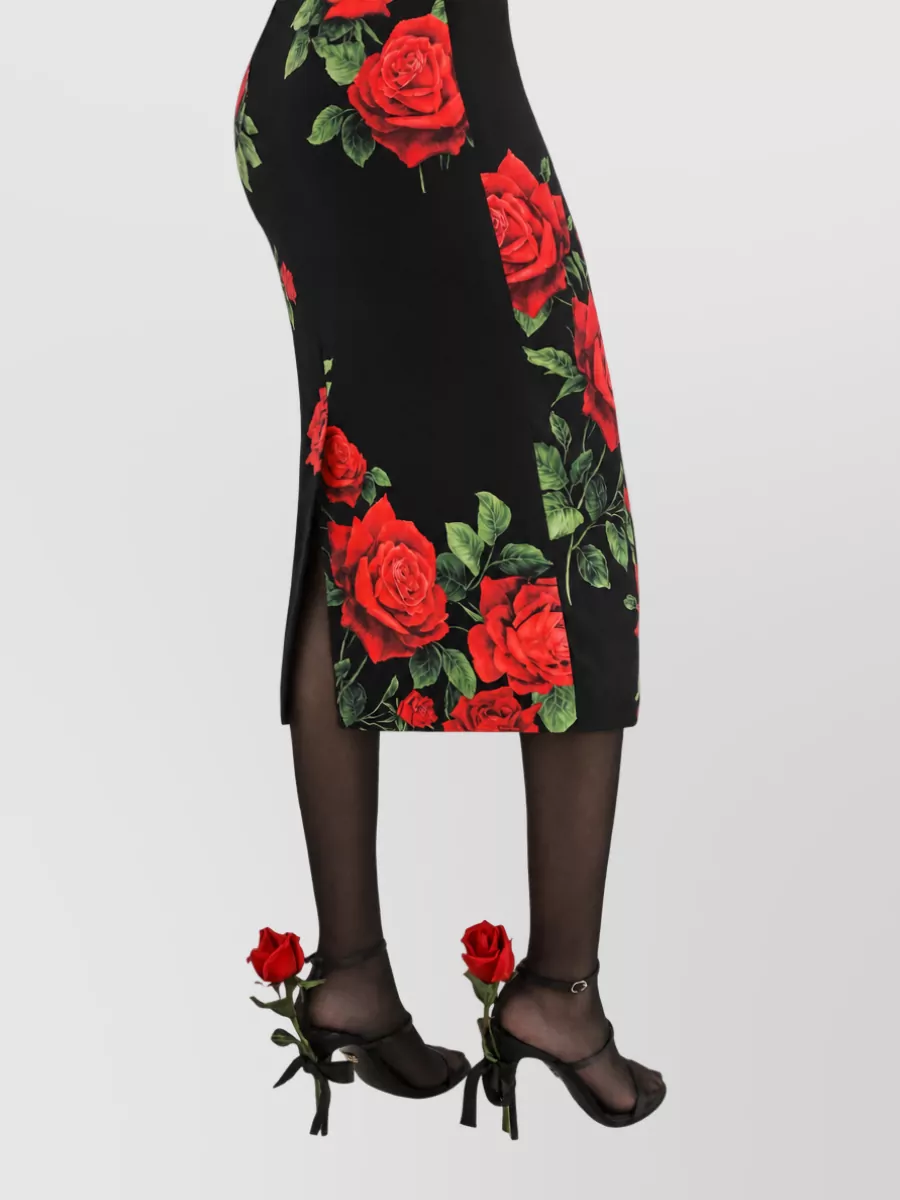 Dolce&Gabbana Silk Rose-Print Sweetheart-Neckline Long-Sleeve Midi Dress