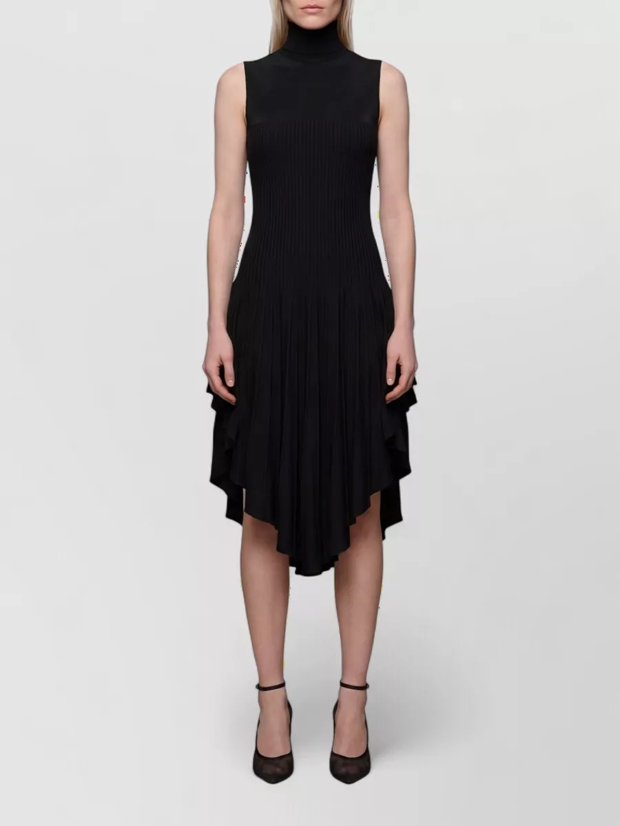 Alaïa Ribbed Sleeveless High-Neck Asymmetric Midi Dress