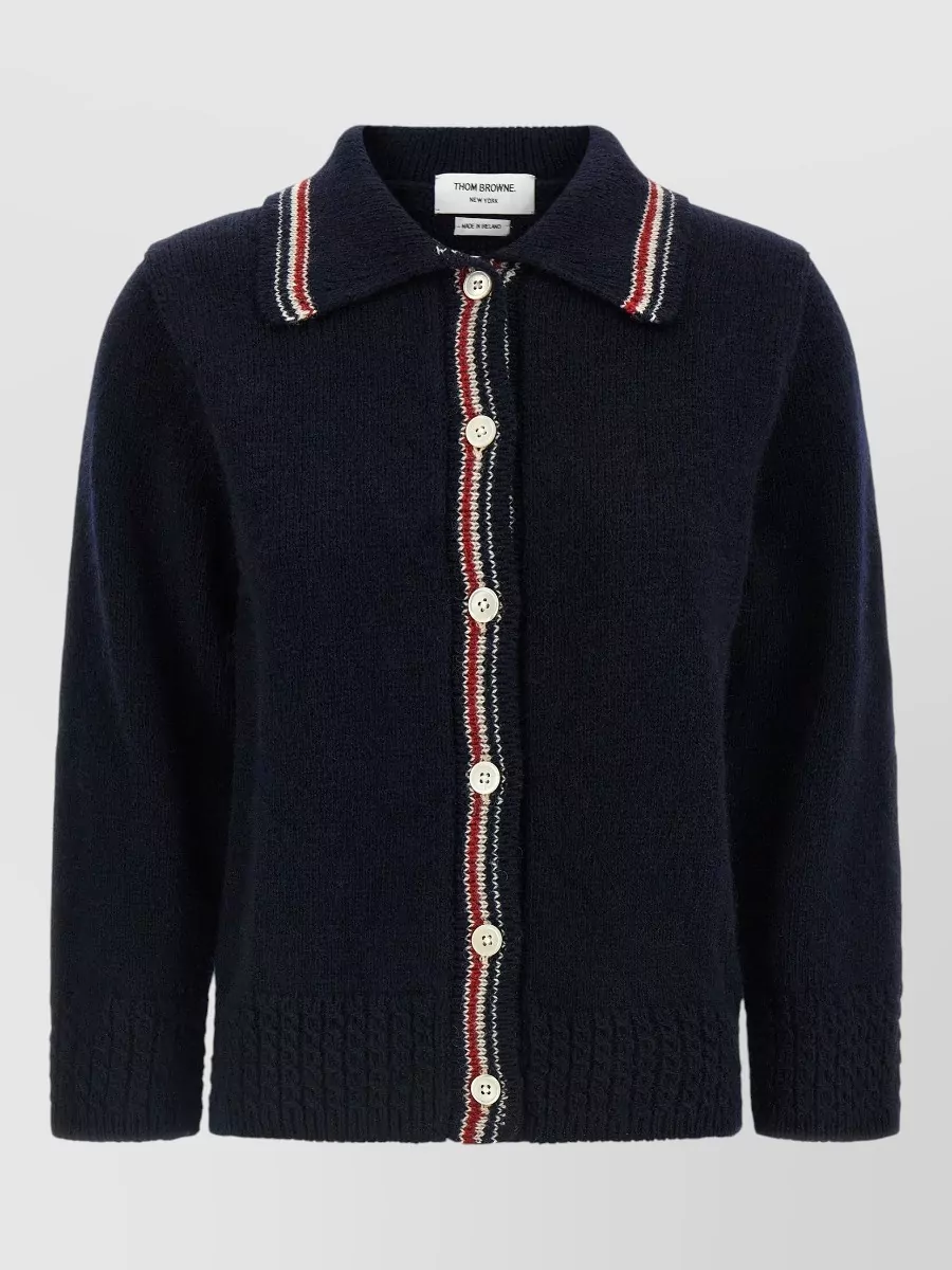 Thom Browne Wool Mohair Pointelle Knit Polo Cardigan