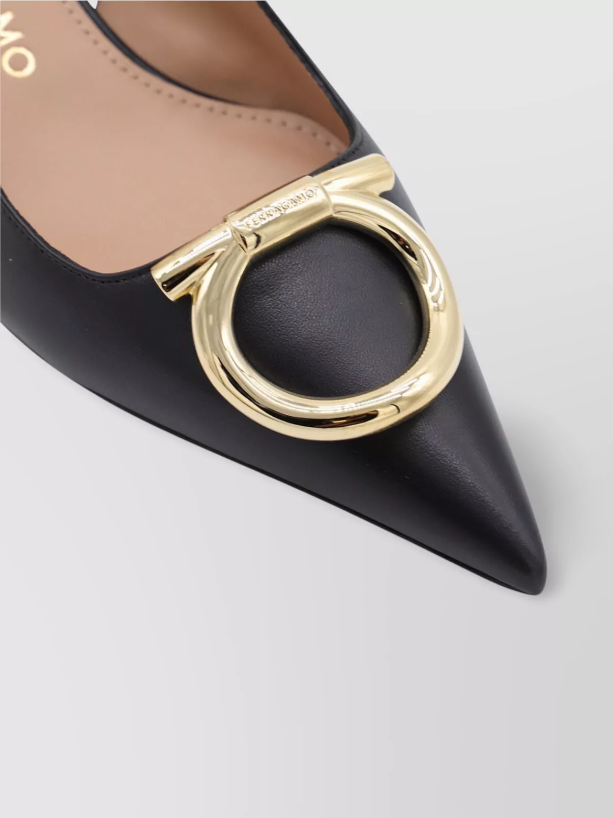 Ferragamo Pointed Toe Kitten Heel Gold-Tone Hardware Pumps