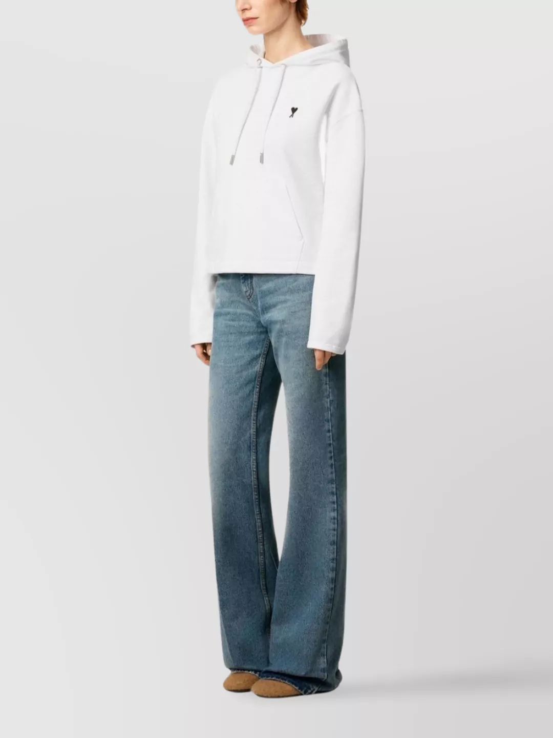 Ami Paris Cropped Cotton Hoodie Drawstring Hood