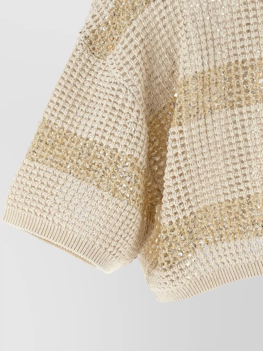 Brunello Cucinelli Striped Openwork Cropped Cotton Cardigan