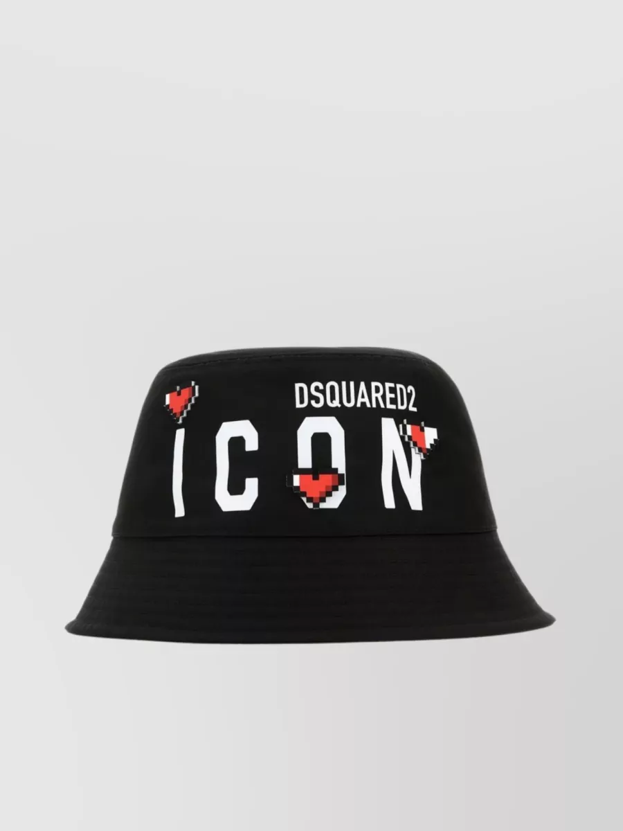 Shop Dsquared2 Cotton Bucket Hat With Wide Brim And Logo Print In Black