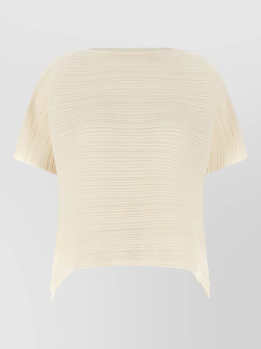Pleats Please Issey Miyake Ribbed Boat Neck Short Sleeve Asymmetric Hem Knitted Top