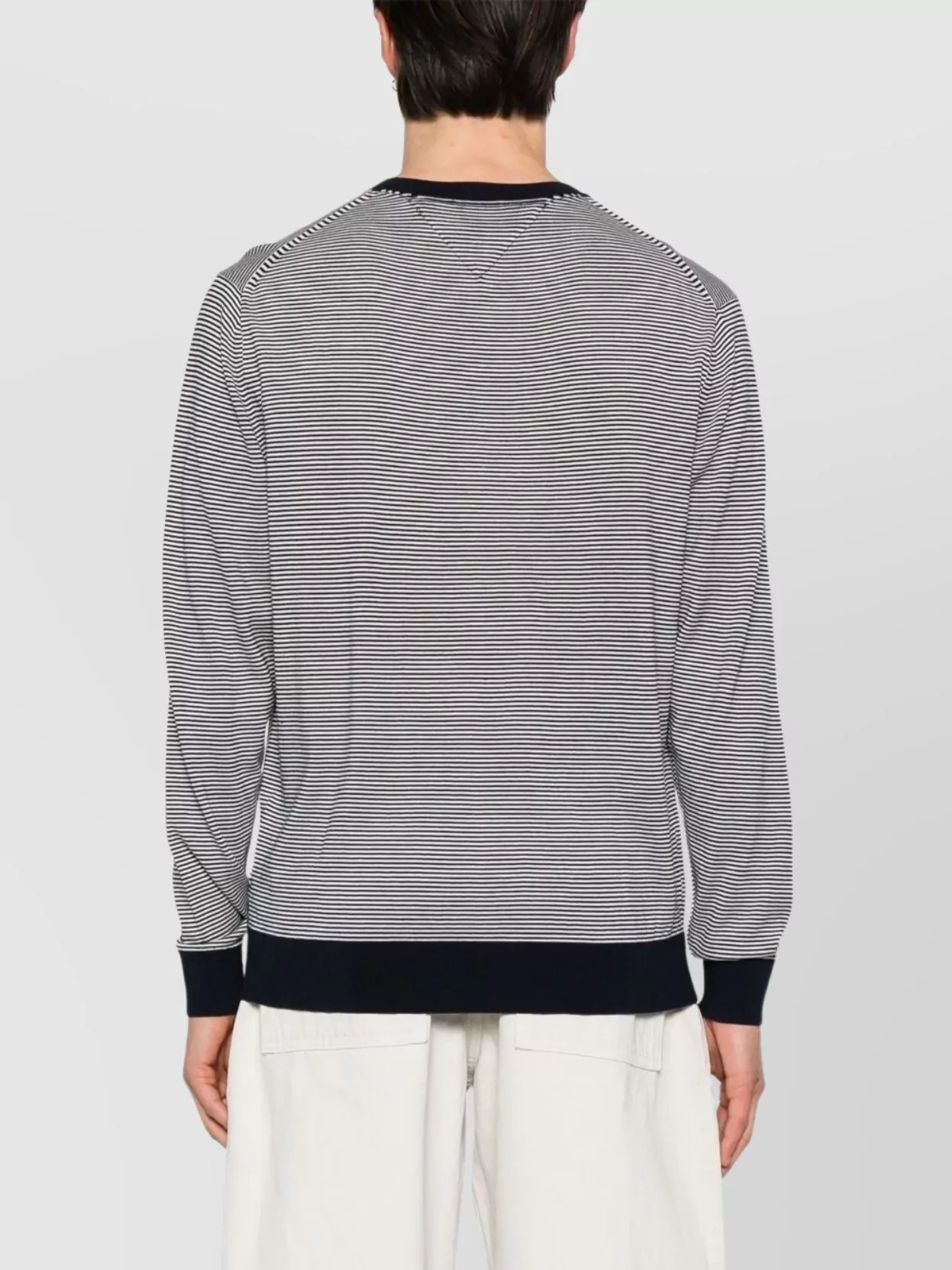 Shop Tommy Hilfiger Crew Neck Striped Cotton Sweater In Grey