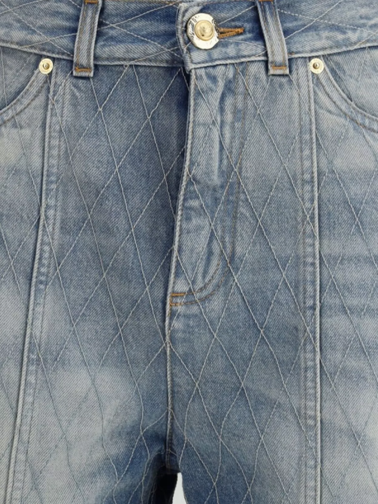 Balmain Rolled Hem Denim Shorts With Diamond Stitched Pattern In Blue