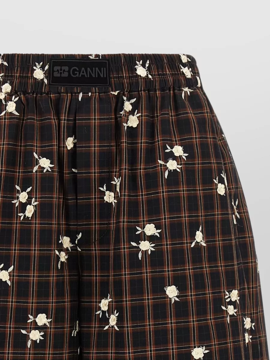 Ganni Checked Floral-Embroidered Wide-Leg Bermuda Shorts